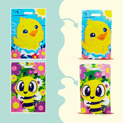 JOYIN 72 Pack Easter Plastic Gift Bags with Animal and Flower Designs - Easter Party Supplies for Kids