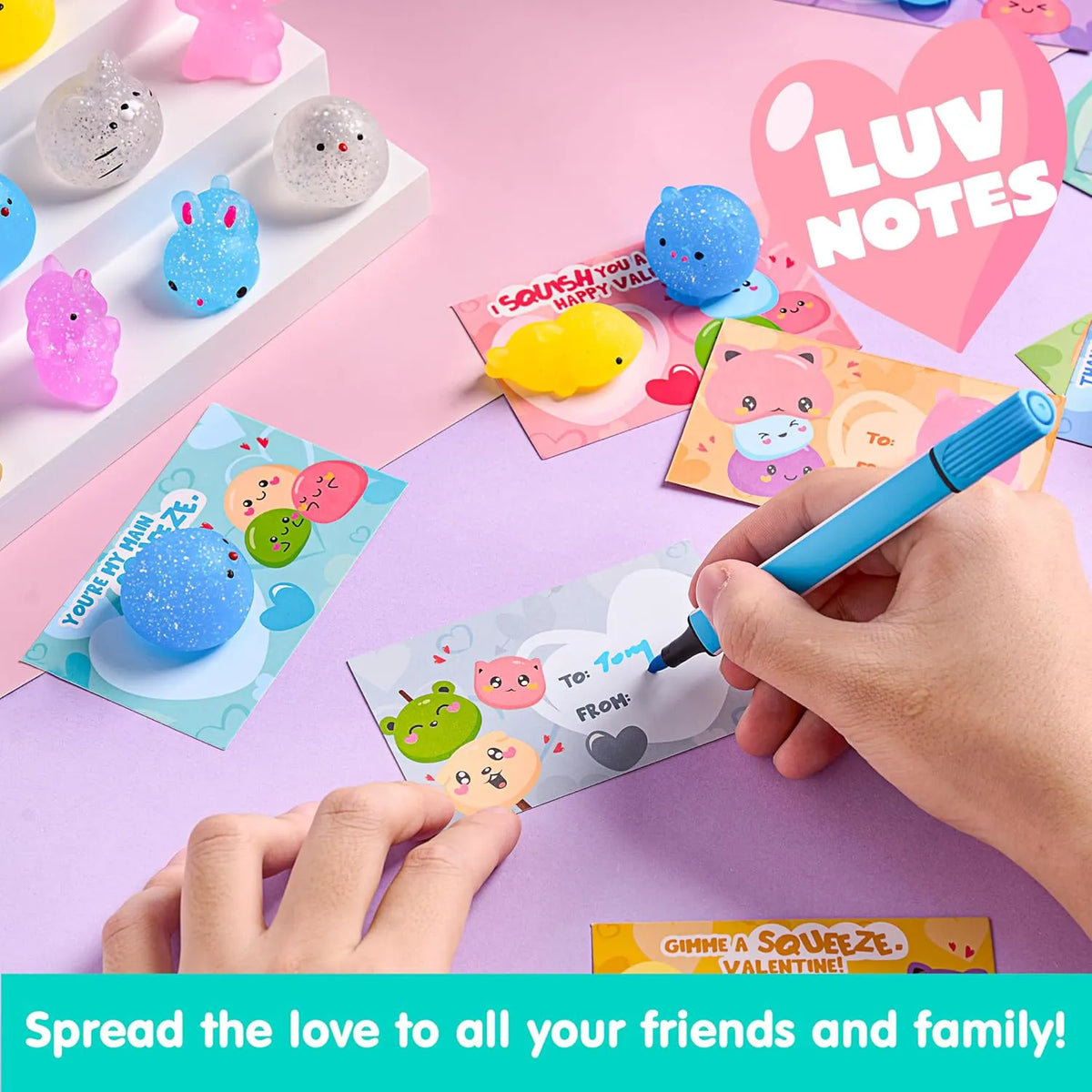 36 Packs Valentine's Day Gift Cards with Glitter Mochi Squishy Toys