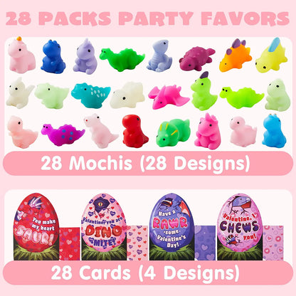28-Pack Dinosaur Mochi Squishy Toys with Valentine Cards for Kids