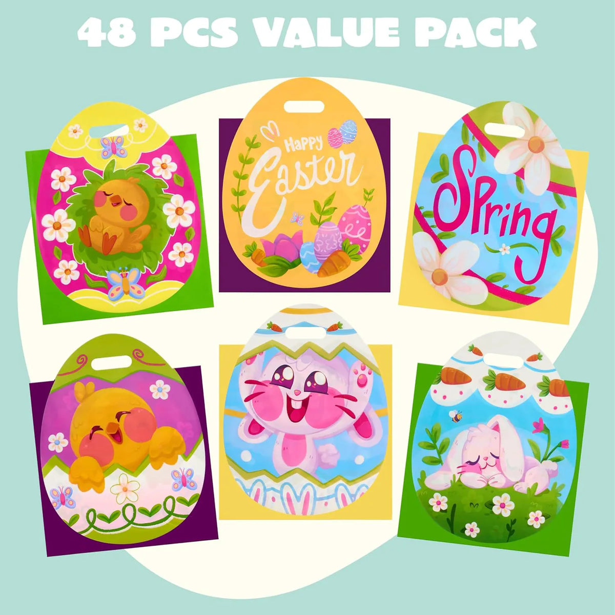 JOYIN 48 Pack Easter Drawstring PE Bags - Bunny & Chick Easter Treat Bags for Kids Party Supplies
