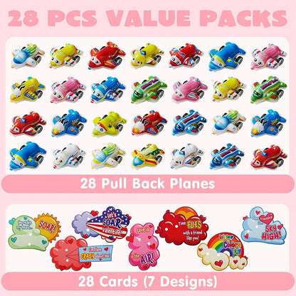 28 Pcs Kids Valentine's Cards with Pull Back Airplanes - Classroom Exchange Gifts