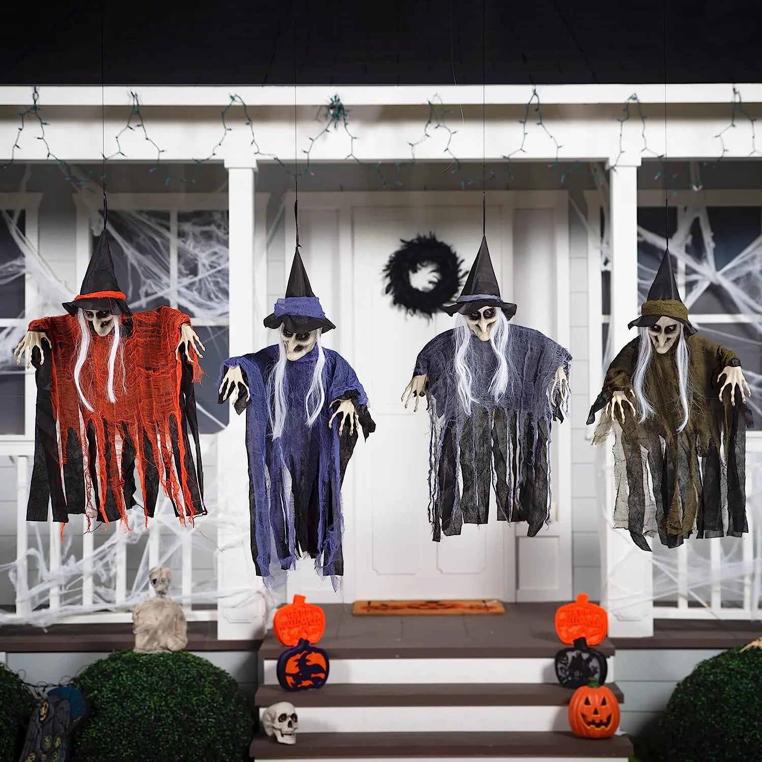 Set of 4 Hanging Witches in Purple, Orange, Green, and Grey