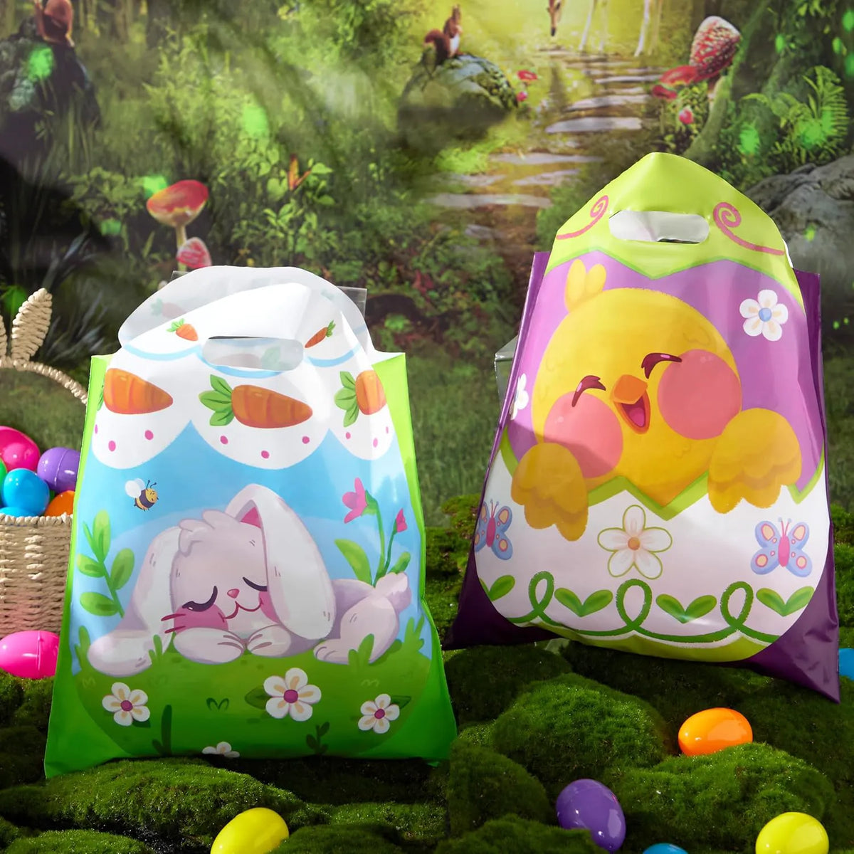 JOYIN 48 Pack Easter Drawstring PE Bags - Bunny & Chick Easter Treat Bags for Kids Party Supplies