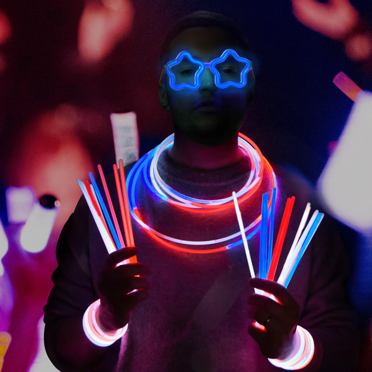 JOYIN 99 PCS Patriotic Glow Sticks, Bracelets, Necklaces & Glasses - Glow in The Dark Party Supplies for Independence Day - Blue, White, Red LED Accessories for Kids & Adults