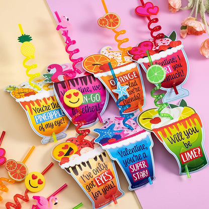 28 Reusable Drinking Straws with Kids Valentine's Cards for Valentine Party Favors