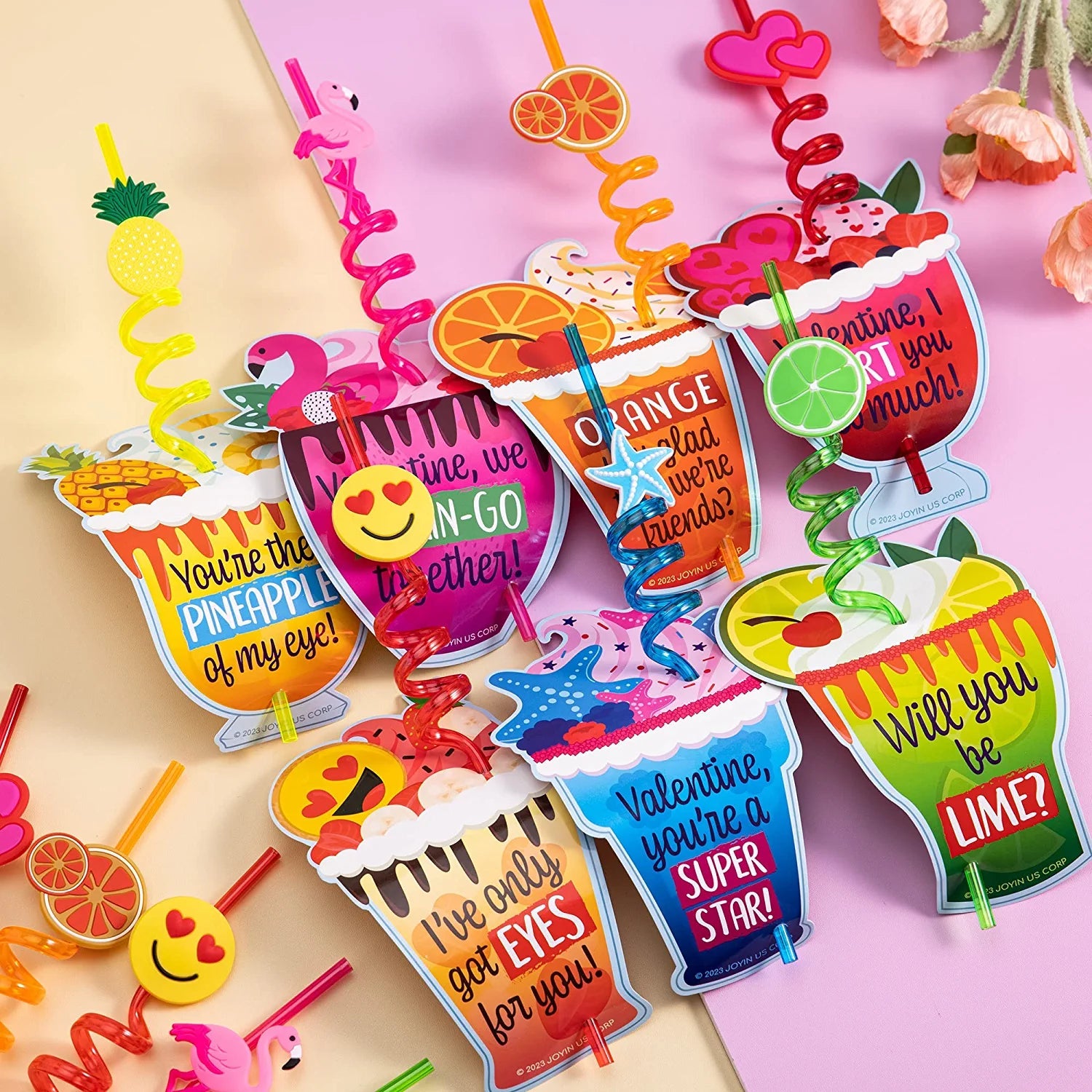 28 Reusable Drinking Straws with Kids Valentine's Cards for Valentine Party Favors