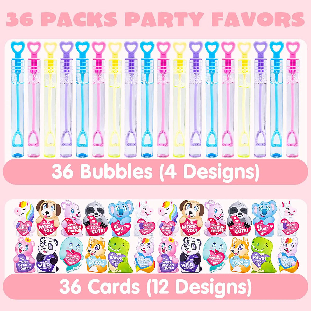 36-Pack Valentine's Day Cards for Kids with Mini Bubble Wands - Classroom Exchange Gifts