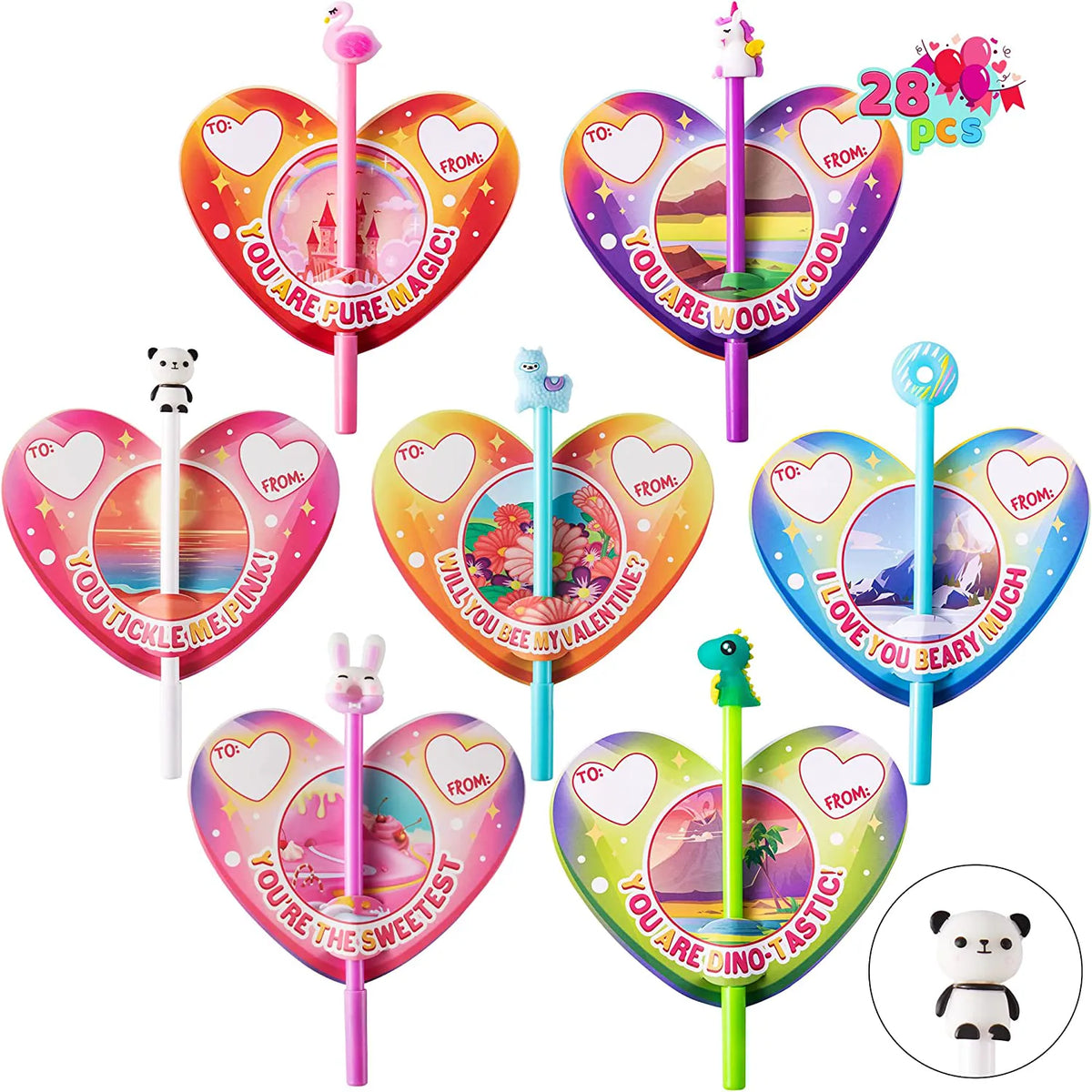 28-Pack Kids Valentine's Cards with Animal Pens - Classroom Exchange Gifts