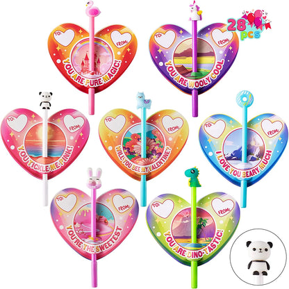 28-Pack Kids Valentine's Cards with Animal Pens - Classroom Exchange Gifts