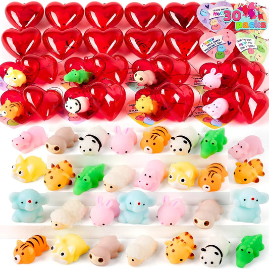 JOYIN 30-Pack Valentine's Day Heart Gift Cards with Mixed Critter Mochi Squishy Toys and Heart Shells