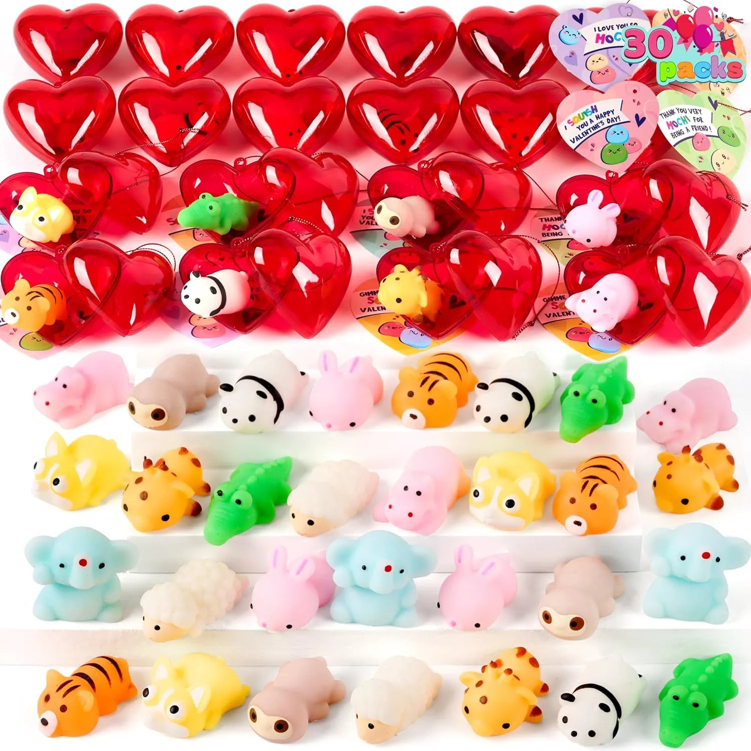 JOYIN 30-Pack Valentine's Day Heart Gift Cards with Mixed Critter Mochi Squishy Toys and Heart Shells