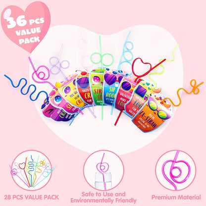 36 Drinking Straws with Kids Valentine's Cards for Valentine Party Favors