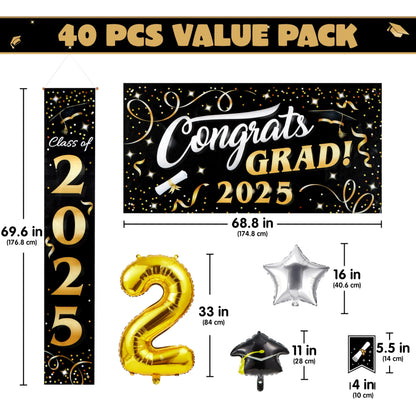 JOYIN Class of 2025 Graduation Party Decorations - Black & Gold Grad Celebration Supplies Set with Backdrop Banner, Porch Sign, Balloons, Foil Number 2025, Hanging Strip for High School College Grad