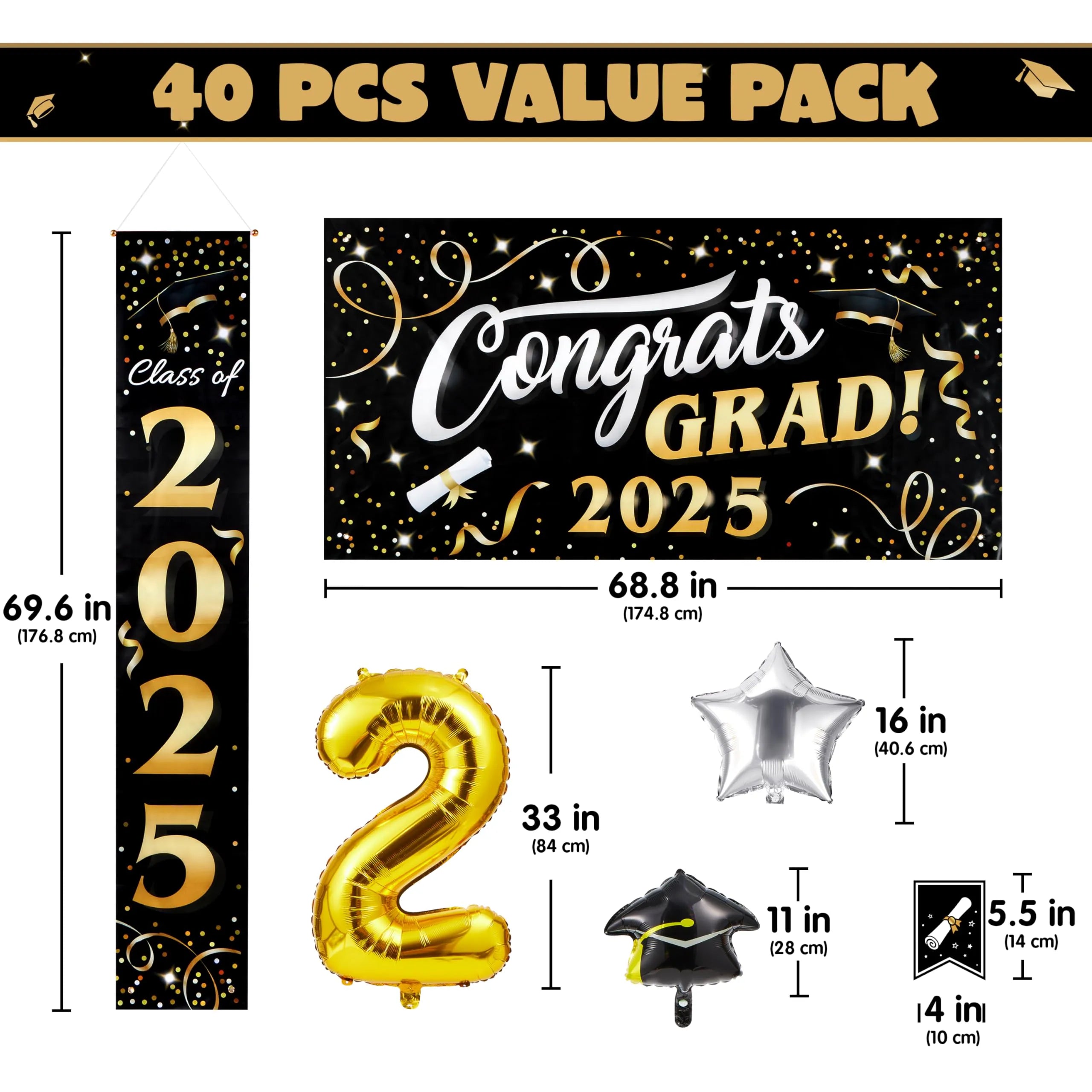 JOYIN Class of 2025 Graduation Party Decorations - Black & Gold Grad Celebration Supplies Set with Backdrop Banner, Porch Sign, Balloons, Foil Number 2025, Hanging Strip for High School College Grad