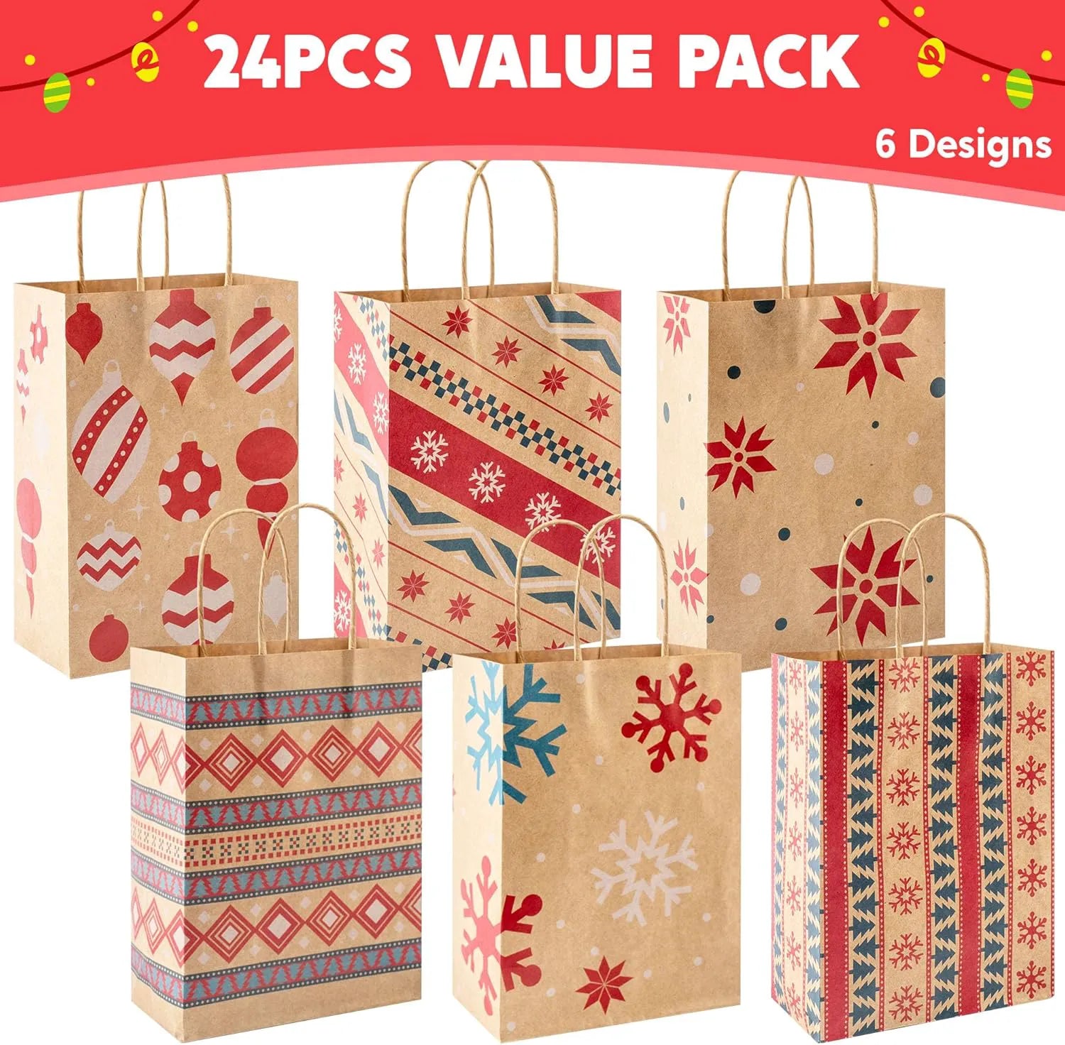 24 Pack Christmas Kraft Gift Bags with Durable Handles and Sturdy Bottoms