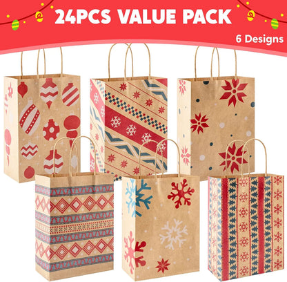 24 Pack Christmas Kraft Gift Bags with Durable Handles and Sturdy Bottoms