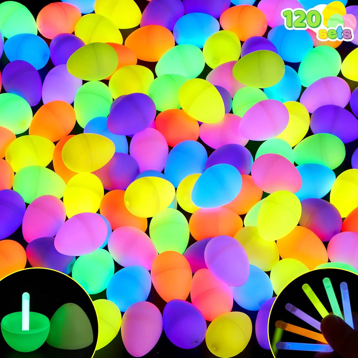 120 Easter Eggs with 120 Mini Glow Sticks for Kids - Glow-in-the-Dark Basket Stuffers & Fillers Gift