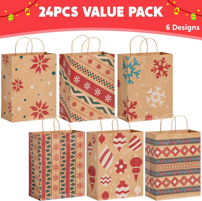 24 Pack Christmas Kraft Gift Bags with Handles for Holiday Presents