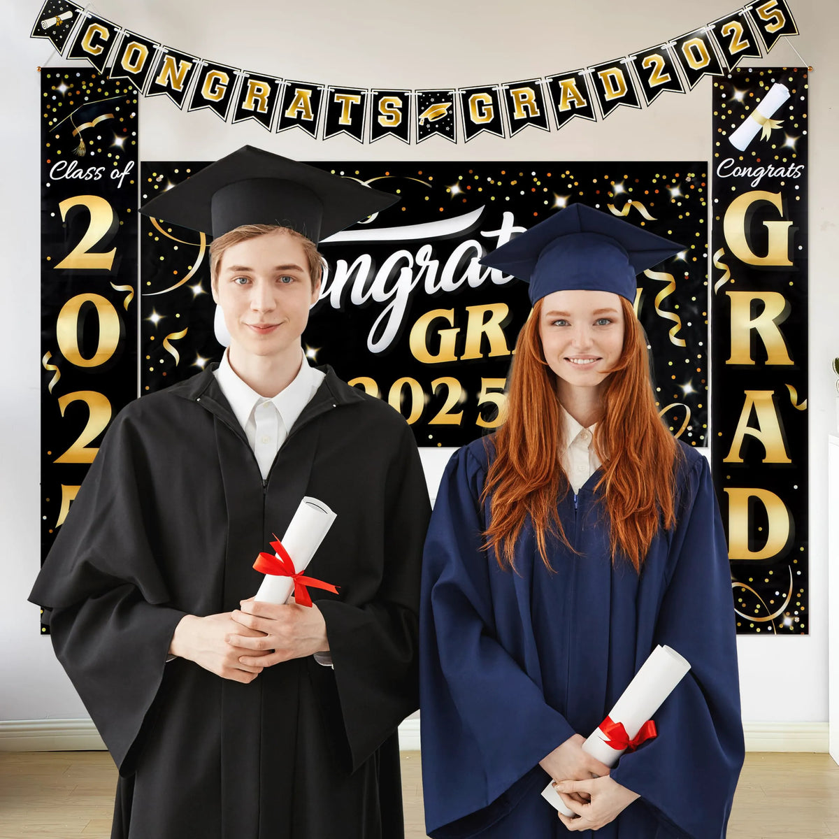 JOYIN Class of 2025 Graduation Party Decorations - Black & Gold Grad Celebration Supplies Set with Backdrop Banner, Porch Sign, Balloons, Foil Number 2025, Hanging Strip for High School College Grad