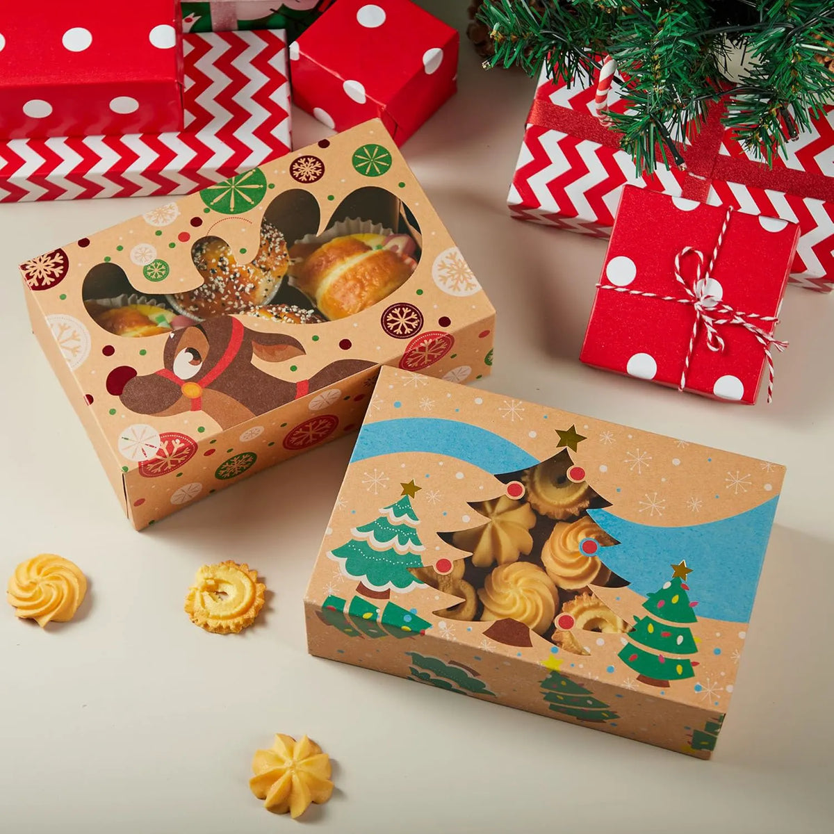 36 Foiled Kraft Christmas Cookie Boxes with Window, 8.5 x 5.75 x 2.75 Inches