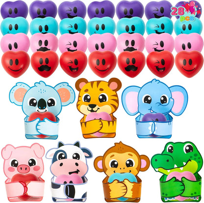 JOYIN 28-Piece Valentine Animal Cards with Heart Stress Ball