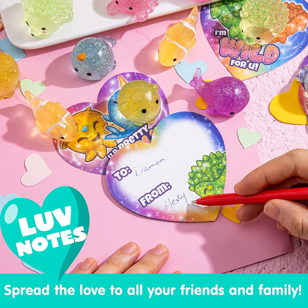 28 Glitter Mochi Squishy Toys with Valentine's Day Cards for Classroom Exchange