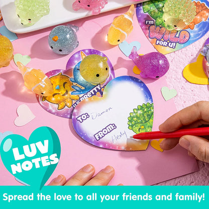 28 Glitter Mochi Squishy Toys with Valentine's Day Cards for Classroom Exchange