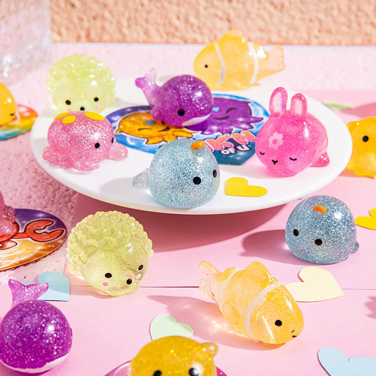 28 Glitter Mochi Squishy Toys with Valentine's Day Cards for Classroom Exchange