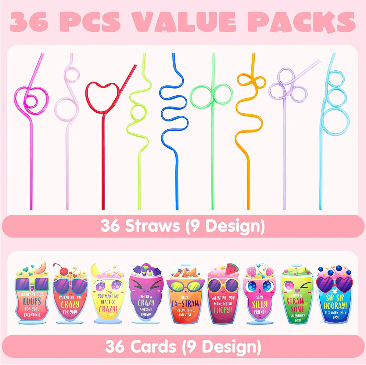 36 Drinking Straws with Kids Valentine's Cards for Valentine Party Favors