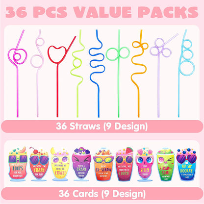 36 Drinking Straws with Kids Valentine's Cards for Valentine Party Favors