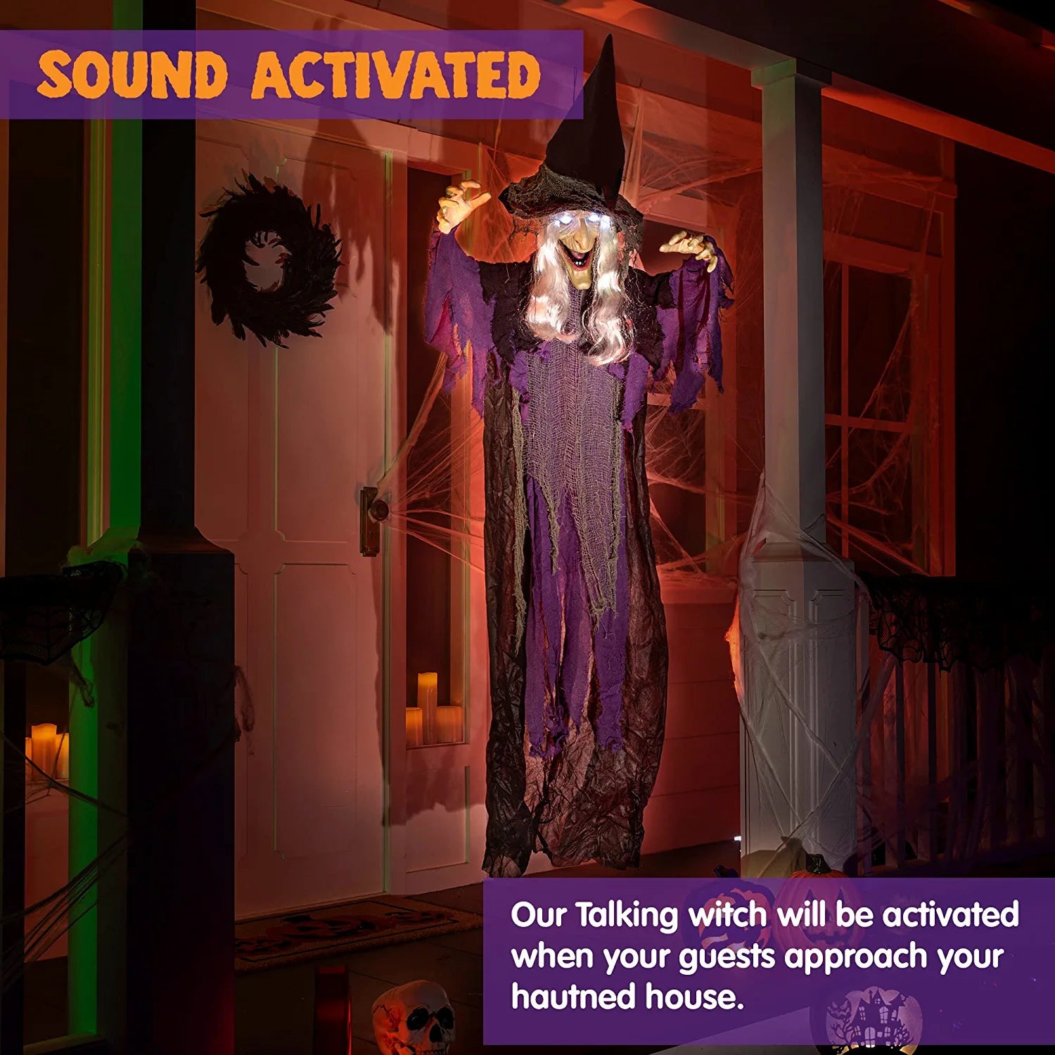 72-Inch Hanging Talking Witch with Light-Up Eyes