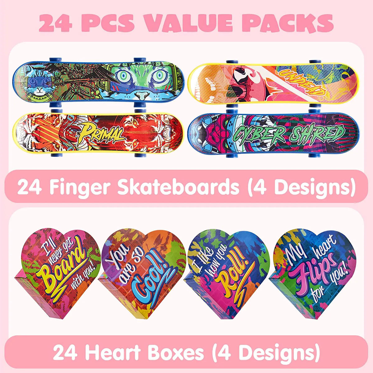 28 Mini Skateboards in Boxes with Valentine's Cards for Classroom Exchange