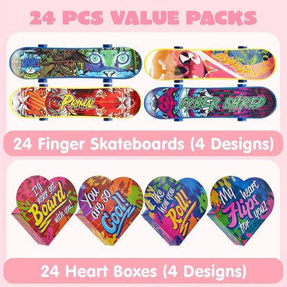28 Mini Skateboards in Boxes with Valentine's Cards for Classroom Exchange
