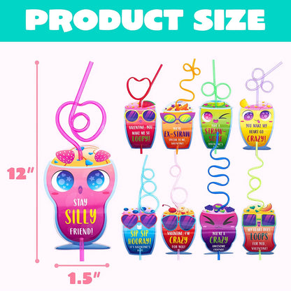 36 Drinking Straws with Kids Valentine's Cards for Valentine Party Favors