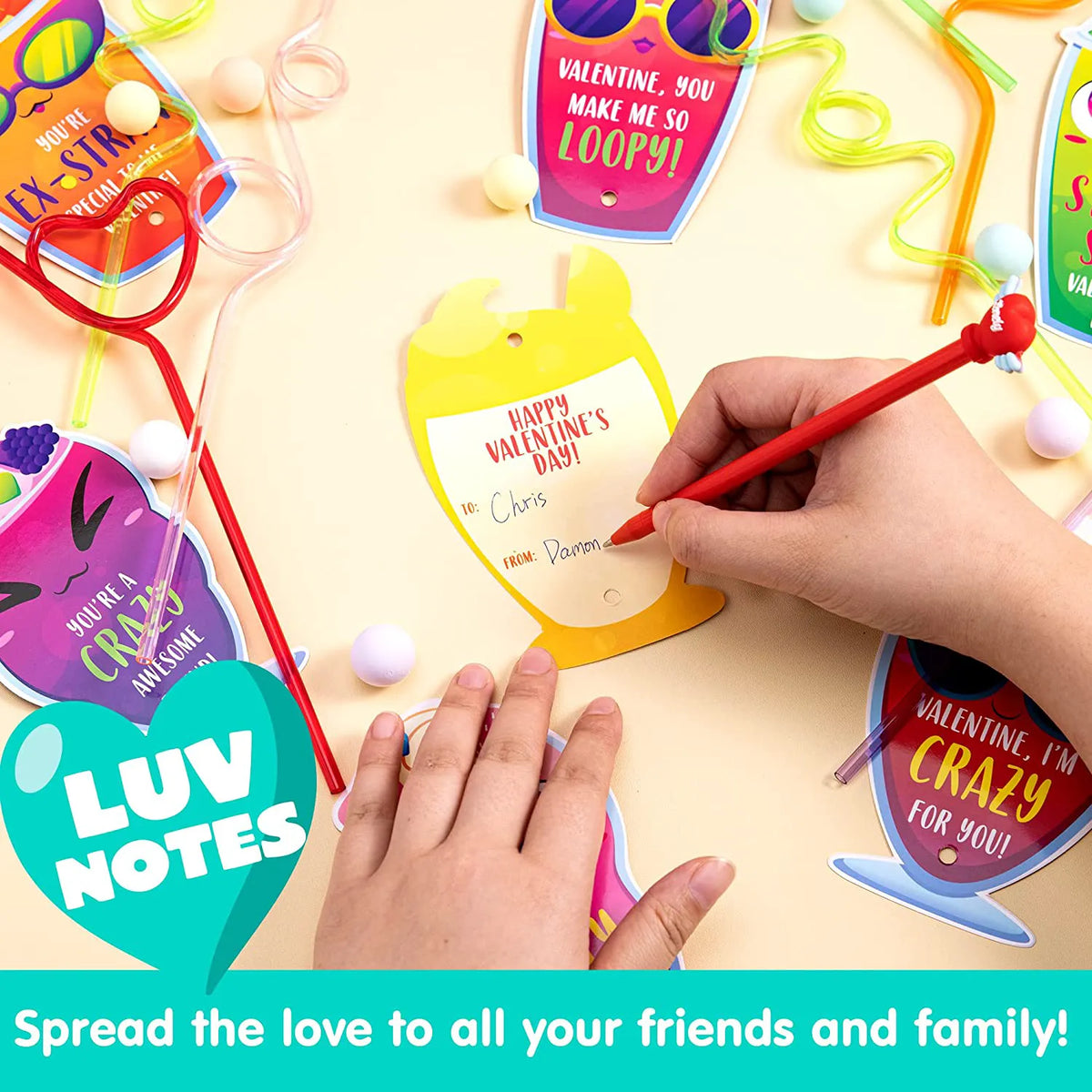 36 Drinking Straws with Kids Valentine's Cards for Valentine Party Favors
