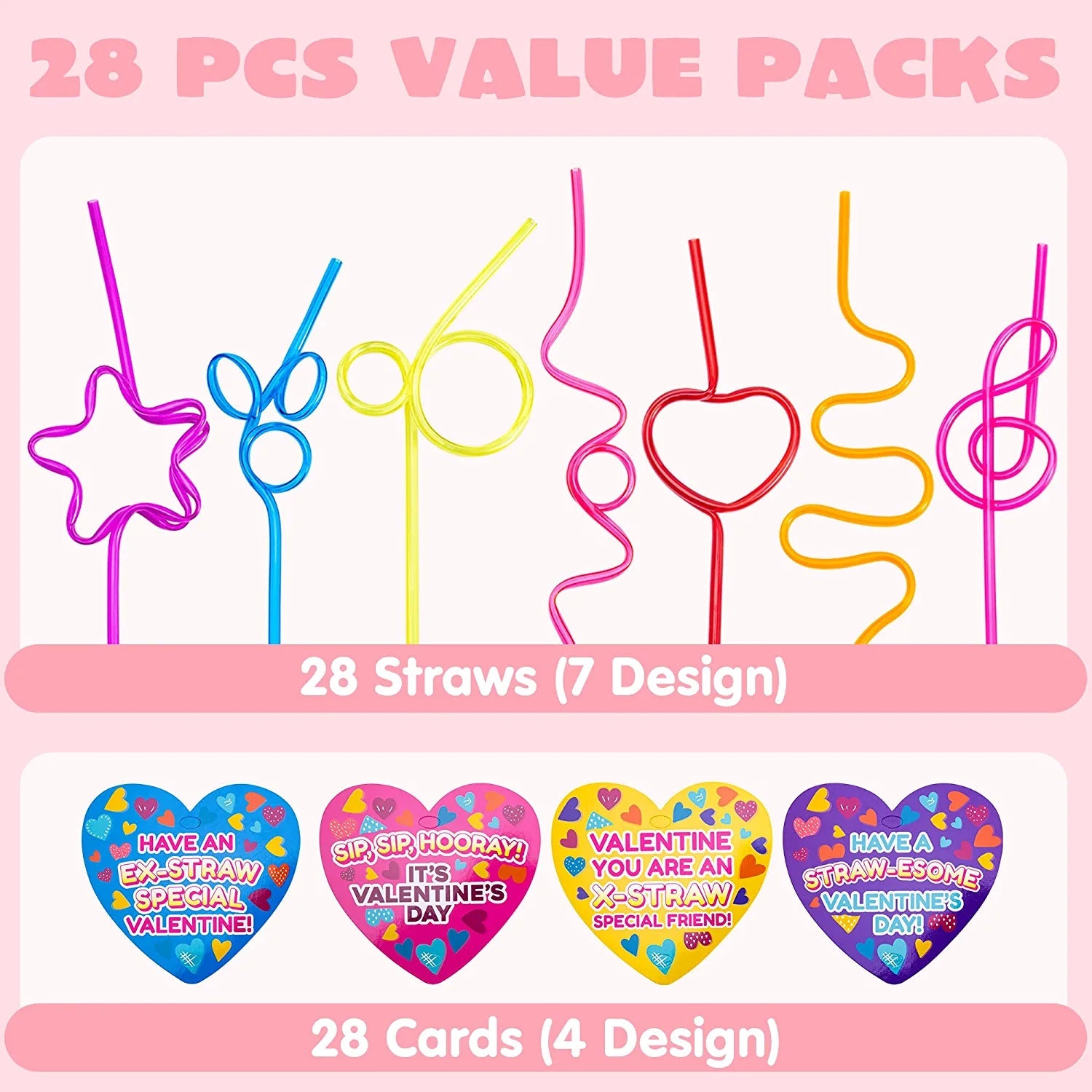 28-Pack Kids Valentine's Cards with Colorful Crazy Loop Reusable Drinking Straws - Classroom Exchange Gifts