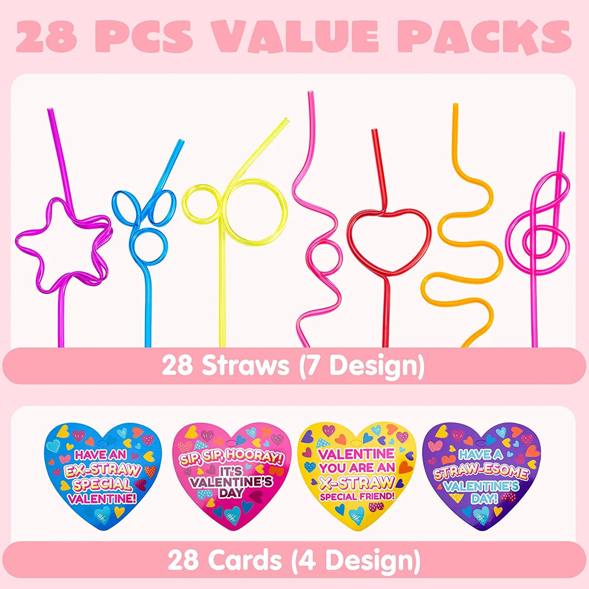 28-Pack Kids Valentine's Cards with Colorful Crazy Loop Reusable Drinking Straws - Classroom Exchange Gifts