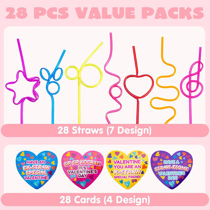 28-Pack Kids Valentine's Cards with Colorful Crazy Loop Reusable Drinking Straws - Classroom Exchange Gifts