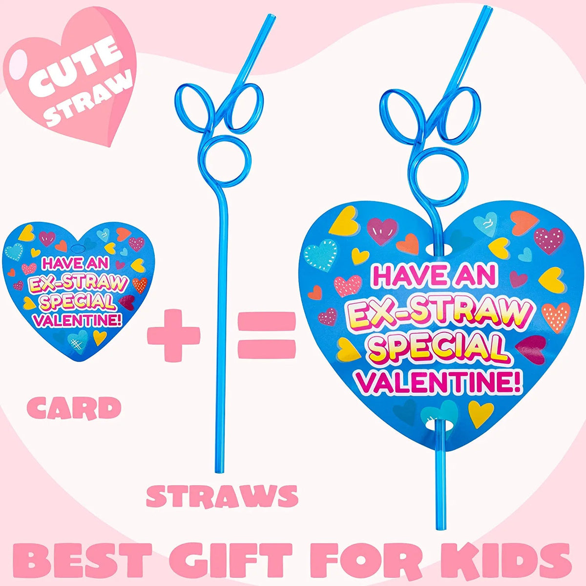 28-Pack Kids Valentine's Cards with Colorful Crazy Loop Reusable Drinking Straws - Classroom Exchange Gifts