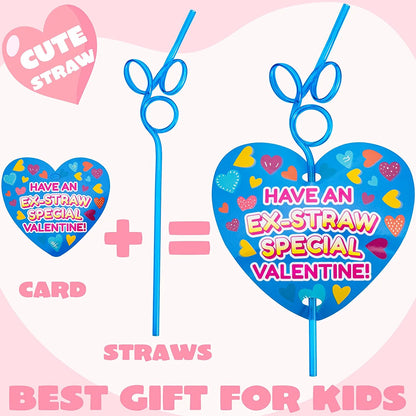28-Pack Kids Valentine's Cards with Colorful Crazy Loop Reusable Drinking Straws - Classroom Exchange Gifts