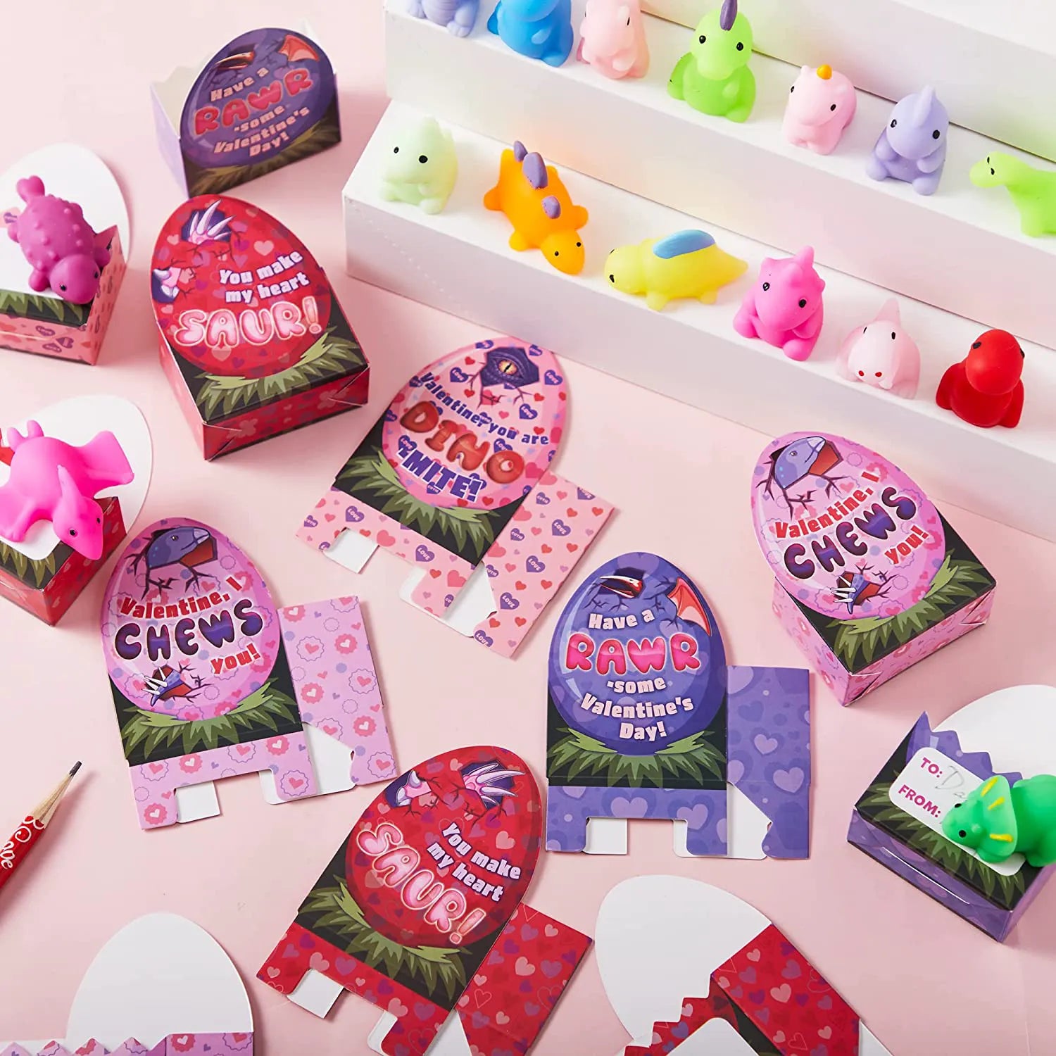 28-Pack Dinosaur Mochi Squishy Toys with Valentine Cards for Kids