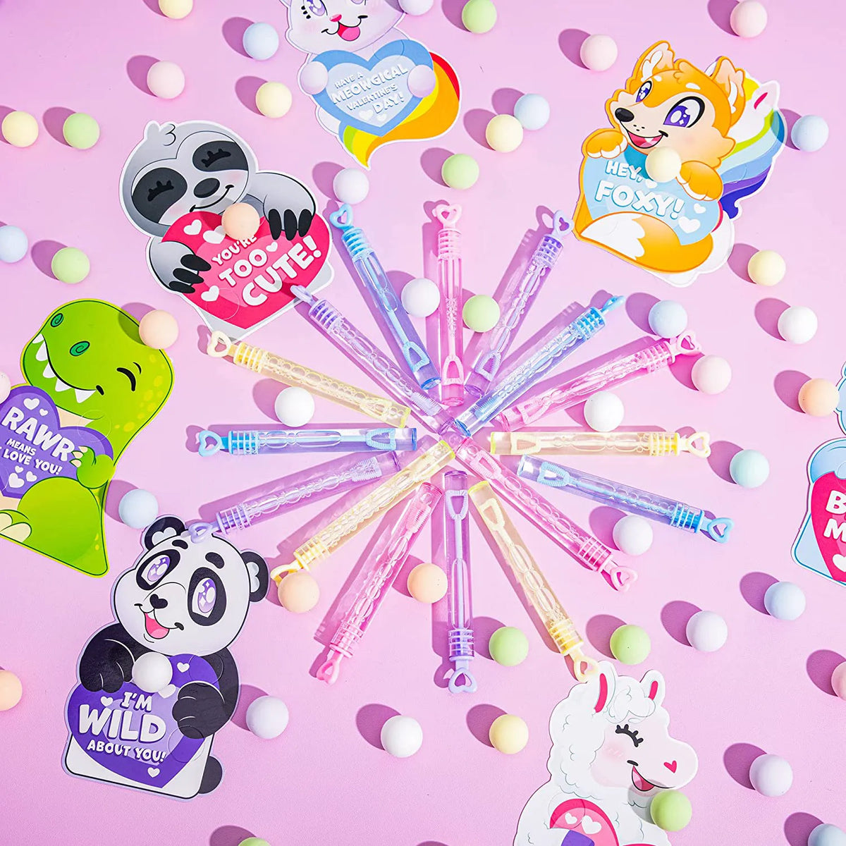 36-Pack Valentine's Day Cards for Kids with Mini Bubble Wands - Classroom Exchange Gifts