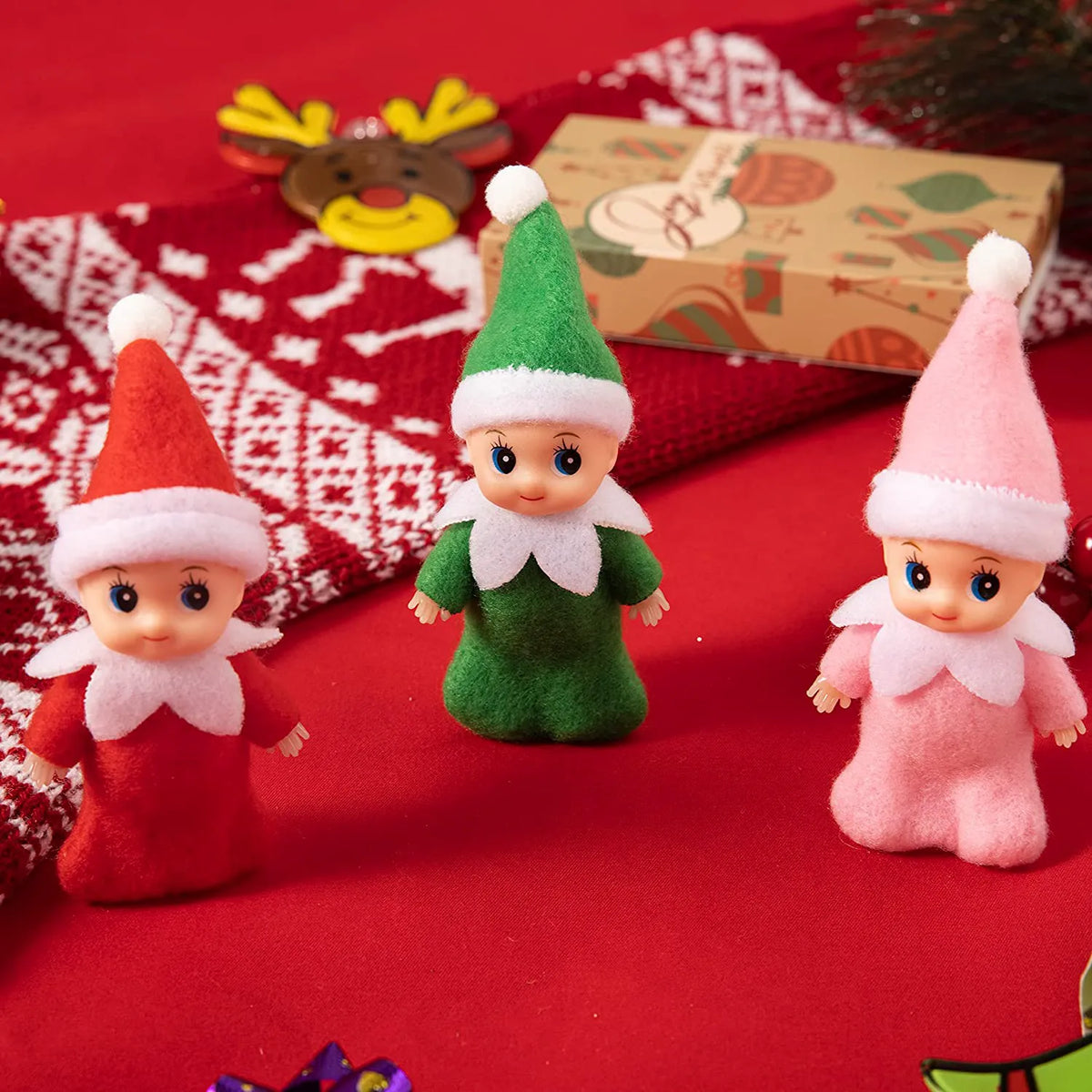 Green, Pink, and Red Tiny Baby Elf Doll for Christmas