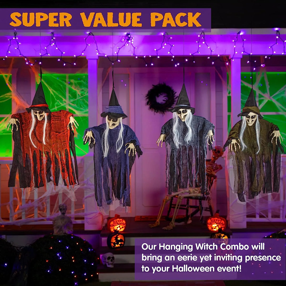 Set of 4 Hanging Witches in Purple, Orange, Green, and Grey