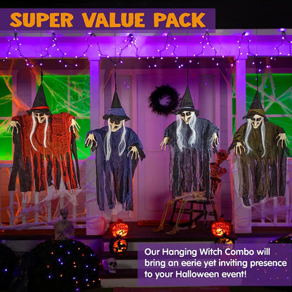 Set of 4 Hanging Witches in Purple, Orange, Green, and Grey