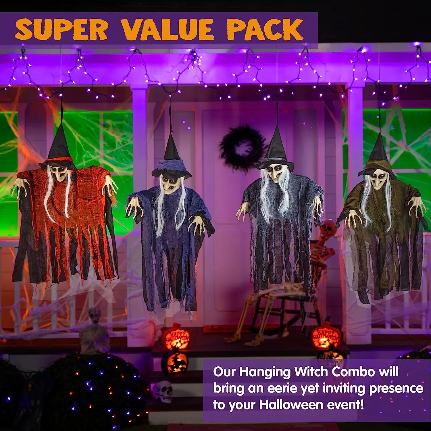 Set of 4 Hanging Witches in Purple, Orange, Green, and Grey