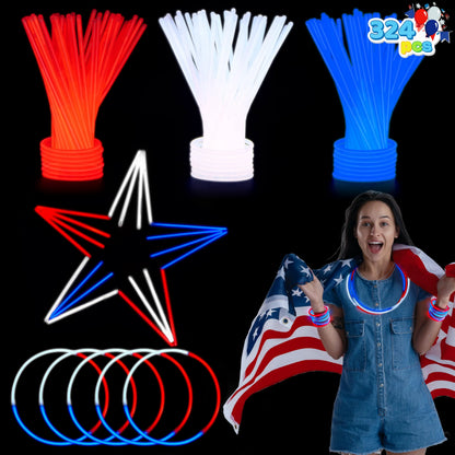JOYIN 324 Pcs 4th of July Glow Sticks with Connectors - 8" Red White Blue Glow in the Dark Bracelets Necklaces for Kids Adults, Patriotic Light Up Toys for Independence Day Party Favor Accessory Supply