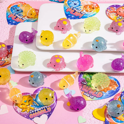 28 Glitter Mochi Squishy Toys with Valentine's Day Cards for Classroom Exchange