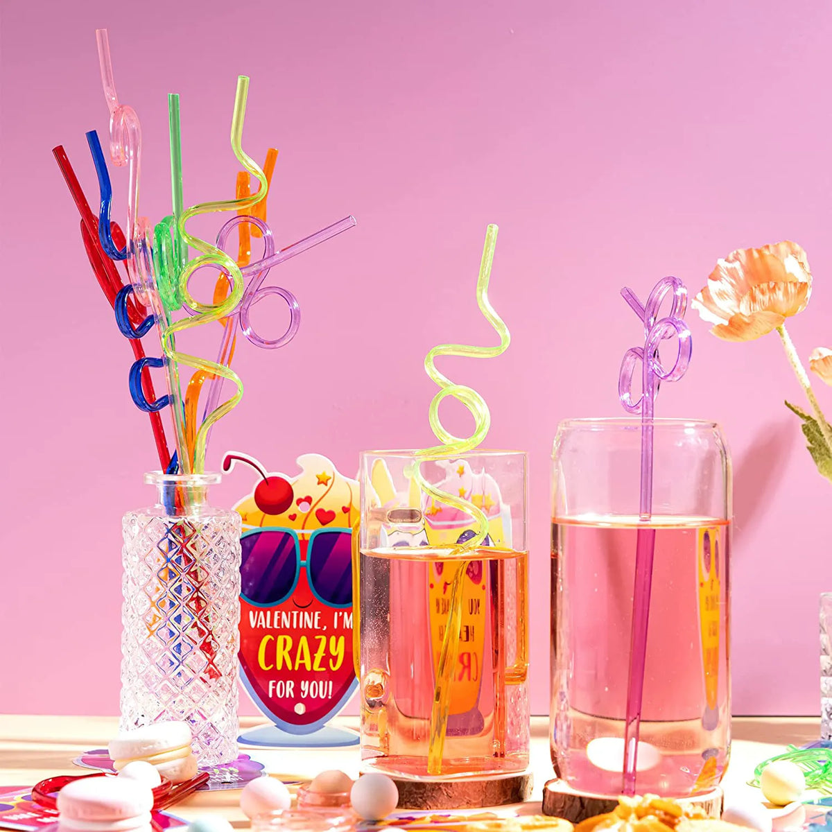 36 Drinking Straws with Kids Valentine's Cards for Valentine Party Favors