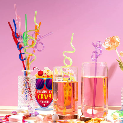 36 Drinking Straws with Kids Valentine's Cards for Valentine Party Favors